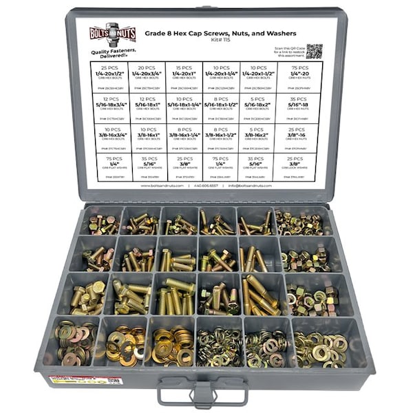 Boltsandnuts.Com Inch Grade 8 Hex Cap Screws, Hex Nuts, Flat & Lock Washers 1/4in, 5/16in, & 3/8in- 574 PCS Assortment Kit #115 - main